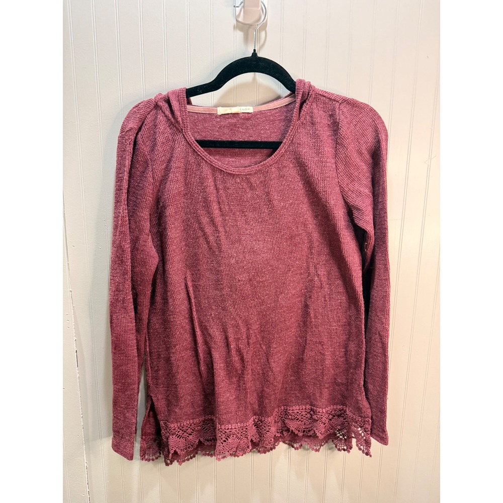 Rewind Womens Mauve Pink Crochet Lace Trim Hooded Knit Sweater Top Large